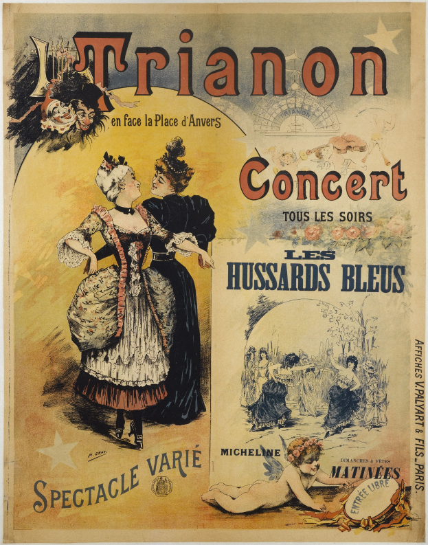 Ein Konzertplakat, das eine Frau in einem langen, hochgeschlossenen, langärmeligen Kleid und einen Mann in einem Anzug zeigt, der hinter ihr steht und die Arme verschränkt, beide mit ernsten Gesichtern.