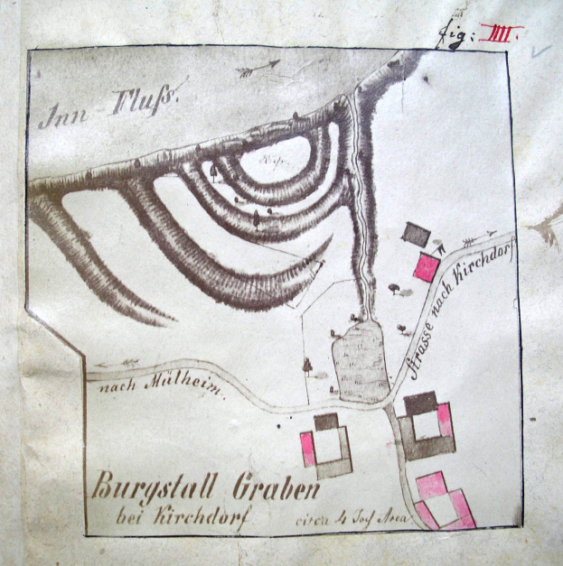 Ein detaillierter alter Stadtplan von Burgstall Graben, Deutschland, der Straßen, Gebäude und Sehenswürdigkeiten zeigt, mit begleitendem Text, der zusätzliche Informationen bietet.