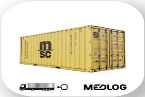 Gelber Transportcontainer mit der Aufschrift "Medlog" und einem Bild eines Lastwagens und Text, verwendet zum Transport.