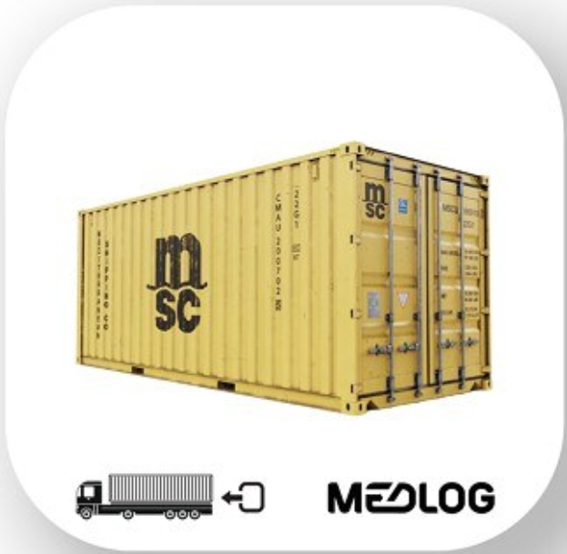 Gelber Transportcontainer mit der Aufschrift "Medlog" und einem Bild eines Lastwagens und Text, verwendet zum Transport.