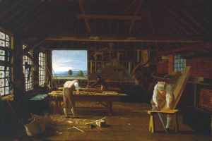 Ein Gemälde namens "Die Schreinerwerkstatt" von William Hogarth, das zwei Männer bei der Arbeit in einer Werkstatt mit einem Tisch voller Werkzeuge, Fenstern auf beiden Seiten und einer Landschaft im Hintergrund zeigt.