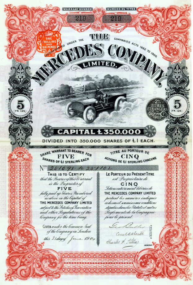 Ein hellblaues Papier mit der fetten, zentrierten Schrift "Mercedes-Benz Company Limited Aktienzertifikat" und einem Bild eines klassisch aussehenden Wagens mit schlanker Form und glänzender Lackierung.