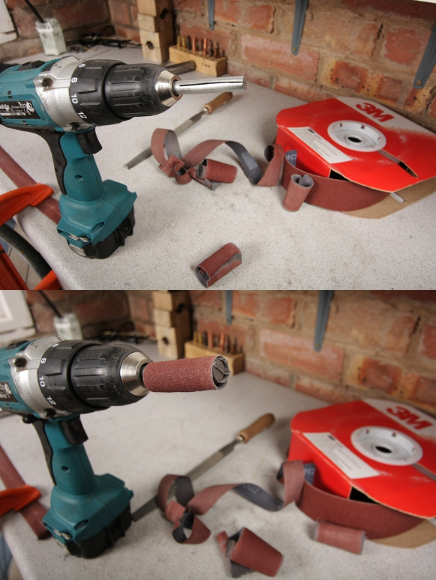Ein Collage-Bild, das eine Bohrmaschine und einige andere Werkzeuge auf einem Tisch zeigt.