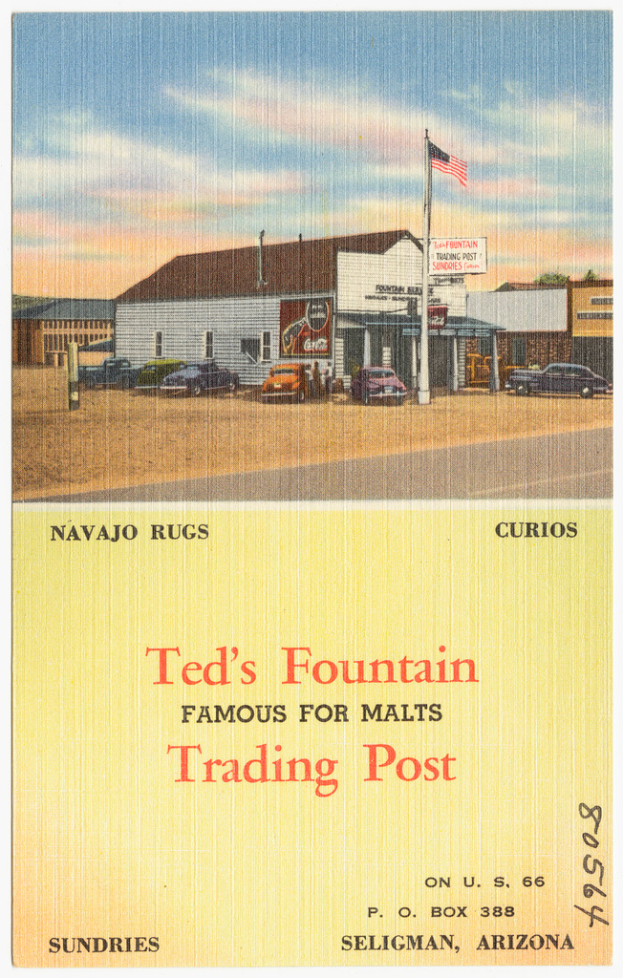 Ein Plakat mit Fahrzeugen, Gebäuden, einem Pfahl, einer Flagge, einer Fahne und Wolken am Himmel.