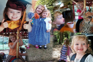 Ein Collage mit Vergnügungsparks, einem Tisch mit Lebensmitteln einschließlich einer Tasse und einem Löffel, verschiedenen Gegenständen, Lichtern, einer Wand, Büschen, Bäumen, Gras, einem Seil und einem Hut.