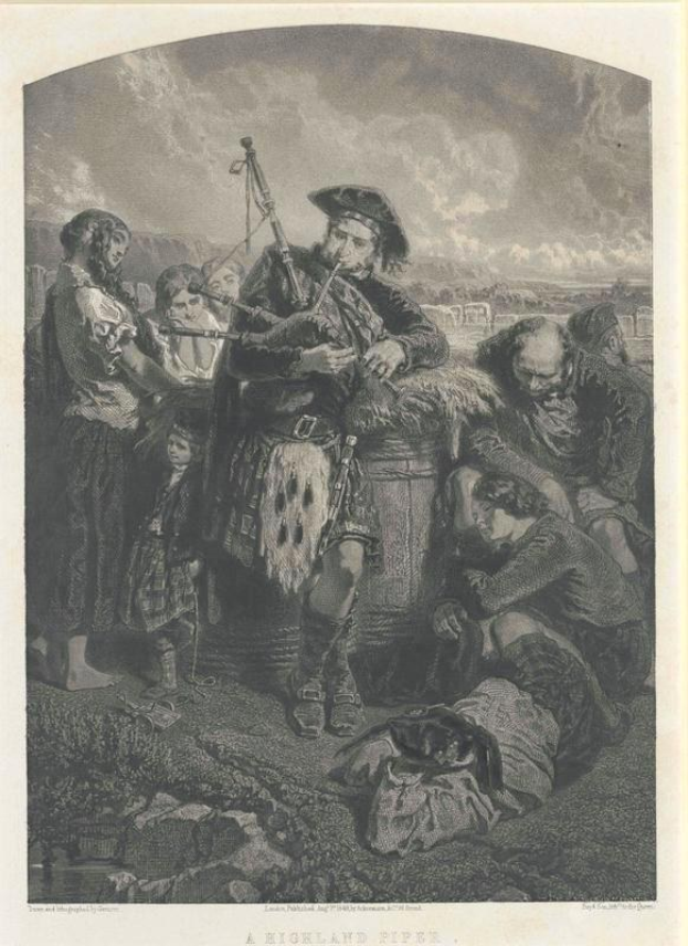 Schwarze und weiße Gravur eines Mannes, der vor einem Publikum eine Dudelsackpfeife spielt, unter einem bewölkten Himmel, mit dem Text "Ein Highland-Pfeifen" unten.