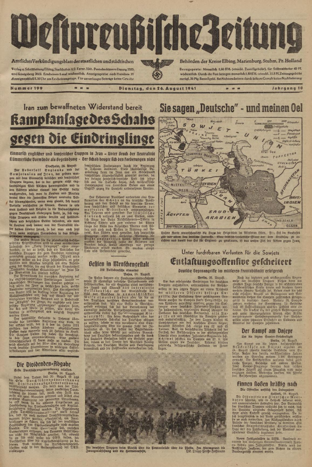 Eine alte Zeitung mit einem Bild einer Gruppe von Menschen, datiert auf den 6. August 1941, mit der Überschrift "Weltpreußische Zeitung" und einer Deutschlandkarte im Hintergrund.