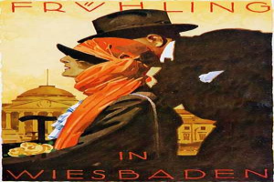 Ein Vintage-Reiseplakat aus den 1930er Jahren mit einem Mann in Hut und einer Frau in Kleid in Wiesbaden, Deutschland, mit einem Gebäude im Hintergrund.