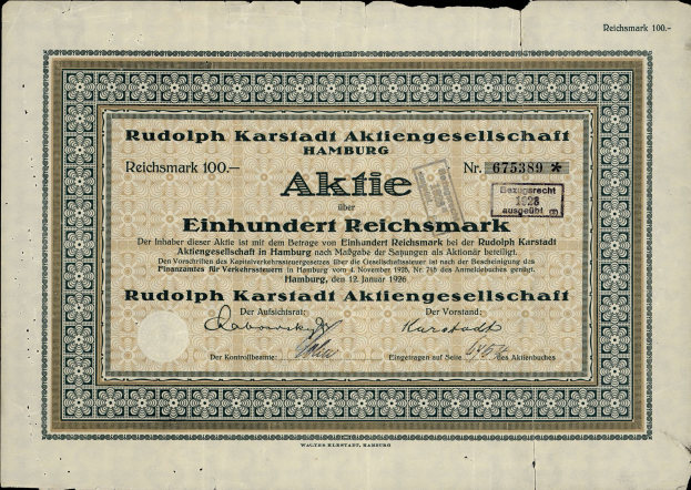 Ein altes deutsches Banknoten mit schwarzem Hintergrund und Text, der 'Rudolph Karlstadt Aktiengesellschaft Hamburg' liest.