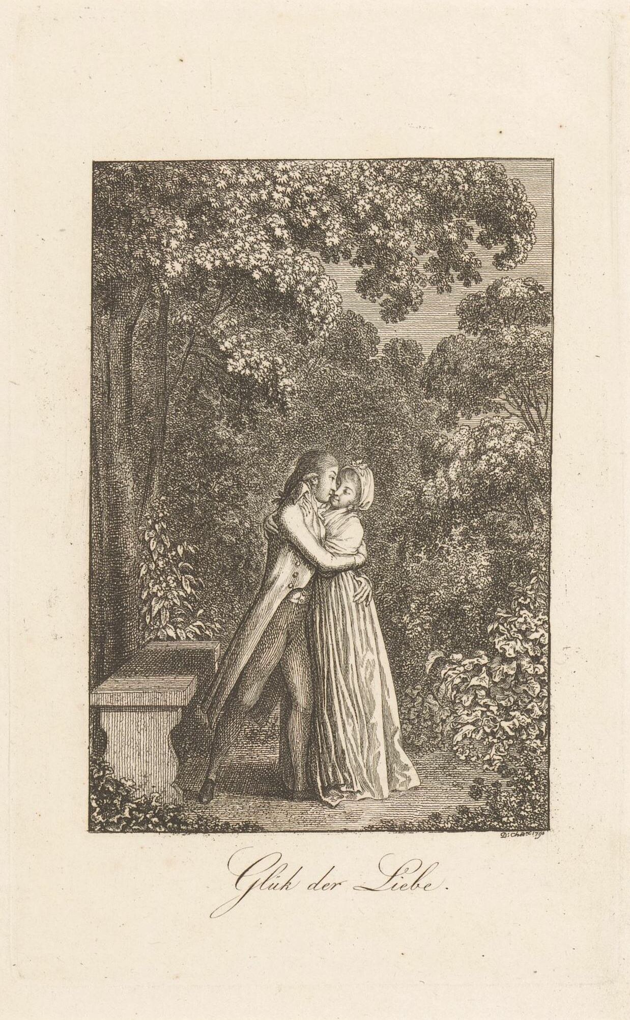 Gravur eines Mannes und einer Frau, die sich umarmen und küssen, in einem Park mit Bäumen und einer Bank, mit Text unten.