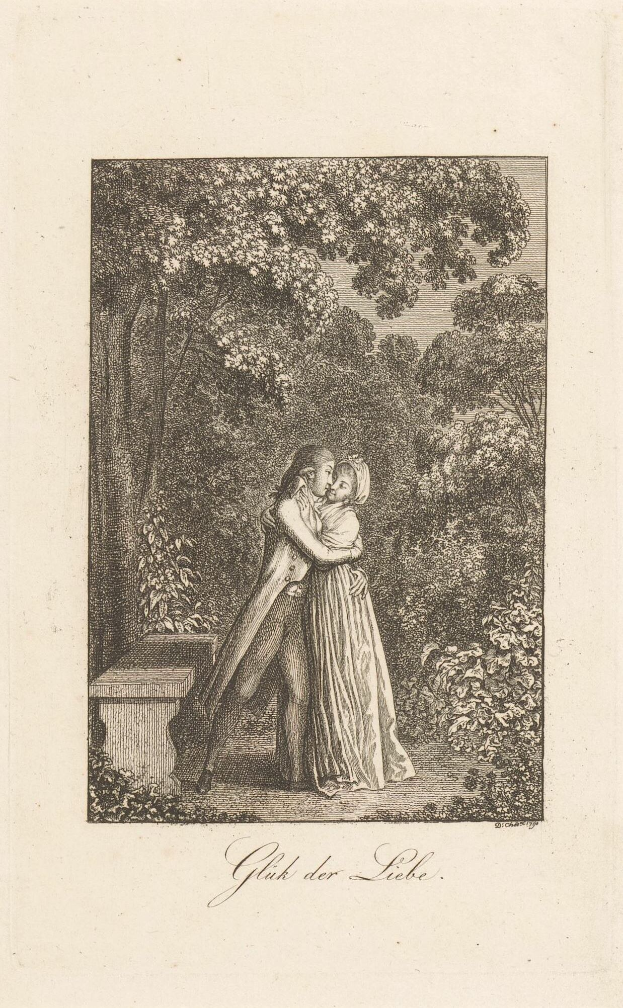 Gravur eines Mannes und einer Frau, die sich umarmen und küssen, in einem Park mit Bäumen und einer Bank, mit Text unten.