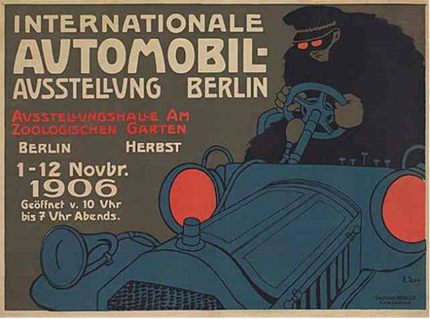 Ein Plakat, das eine internationale Automesse in Berlin ankündigt, zeigt eine Karikatur einer Person, die ein Auto fährt, und Text.