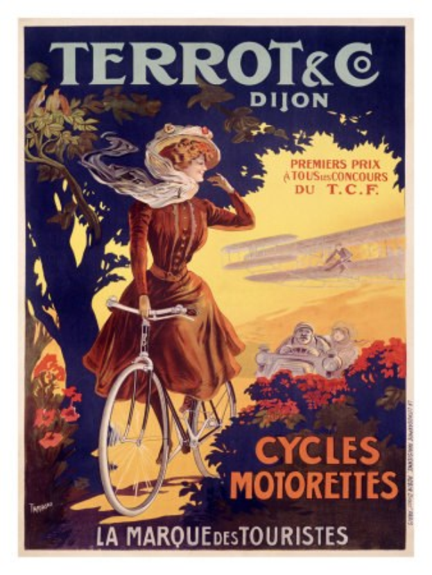 Ein Plakat, das eine Fahrradtour in Frankreich bewirbt, zeigt eine Frau, die ein Fahrrad unter Bäumen, Blumen und anderen Radfahrern fährt, mit Textbeschreibung der Tour.