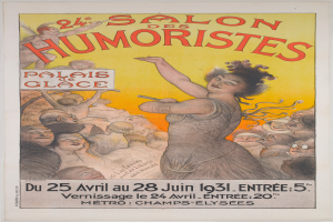 Plakat für den Salon des Humoristes in Paris, das eine Frau mit einem menschlichen Gesicht in einer Menge zeigt, mit Text, der das Ereignis beschreibt.