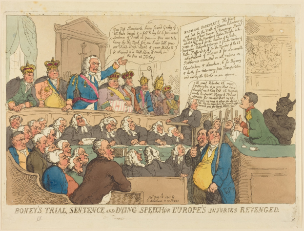 Cartoon-Illustration einer Gerichtsszene mit einem zentralen stehenden Mann, sitzenden Personen, einem Tisch mit Gegenständen rechts und dem Text "Boney's Trial, Sentence, and Dying Speech Europe's Injuries Revenged" unten.