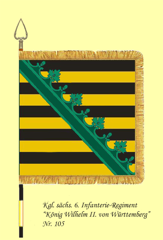 Ein Plakat mit einer gelb-schwarzen gestreiften Flagge mit einer grünen und gelben Streifen, mit der Beschriftung "König Wilhelm II von Württemberg" unten.