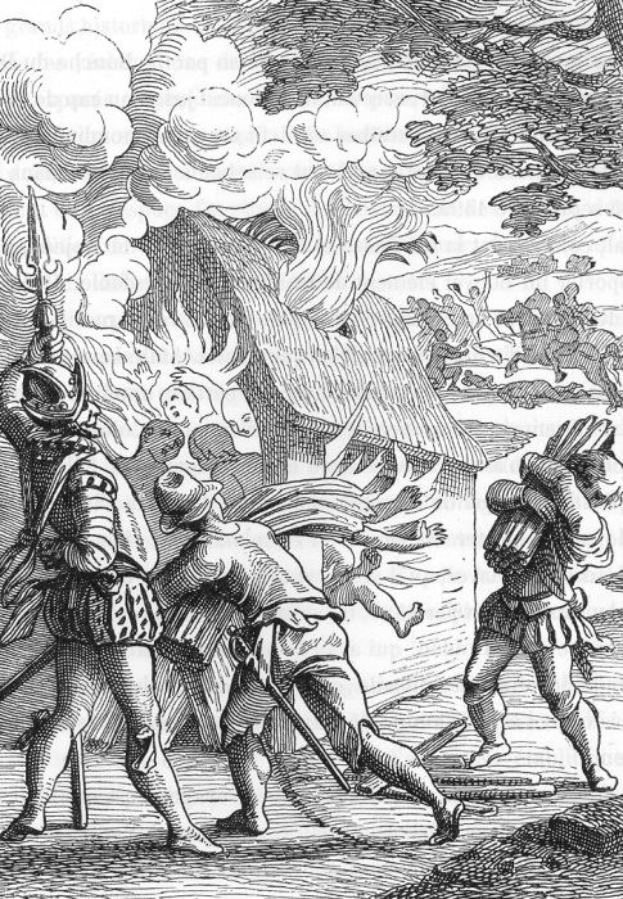 Schwarz-weiß-Radierung von 16. Jahrhundert-Männern in mittelalterlicher Kleidung, einer hält ein Schwert, mit brennendem Haus und Rauch im Hintergrund.