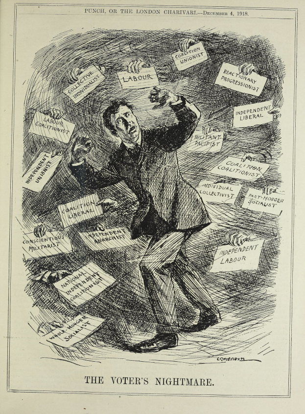 Ein Mann in Anzug und Krawatte hält ein Schild mit der Aufschrift "Der Albtraum des Wählers" mit entschlossener Miene.