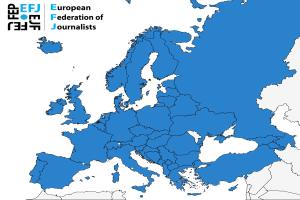 Eine Karte von Europa mit der Europäischen Journalisten-Föderation (EFJ) in Blau hervorgehoben, begleitet von beschreibendem Text.