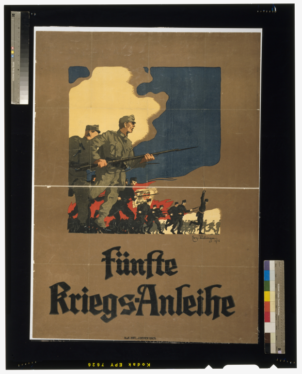 Ein gerahmtes deutsches Propagandaplakat, das eine Gruppe uniformierter Soldaten mit Gewehren zeigt, mit entschlossener Miene, die deutsche Armee promotend.