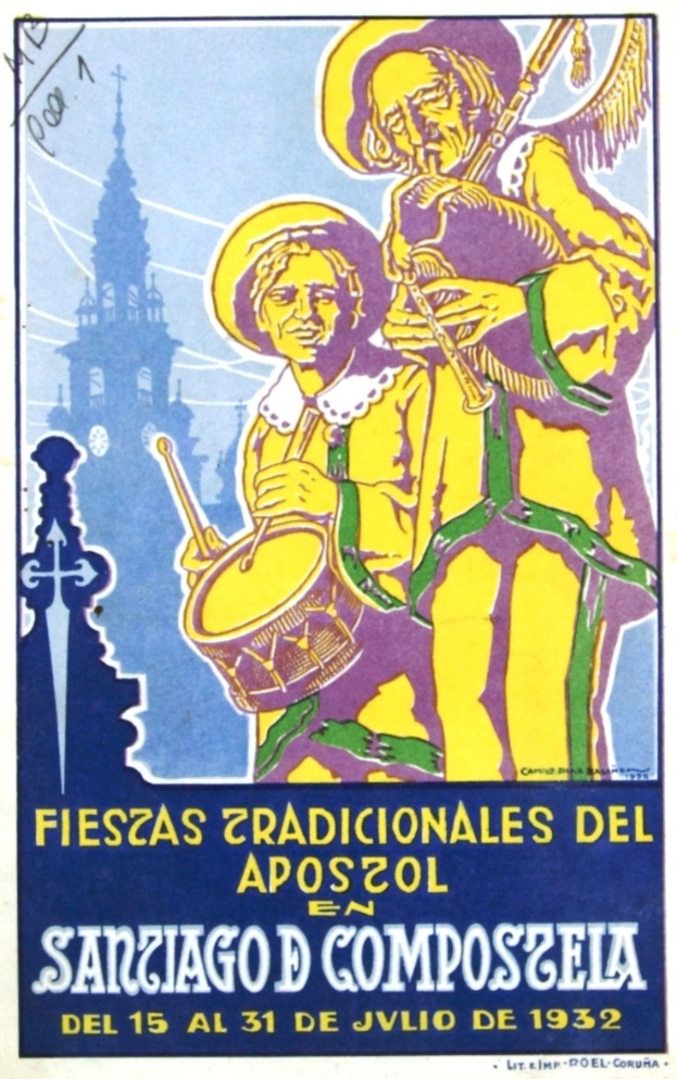 Plakat für ein Konzert in San Francisco mit zwei Musikern, einem spielenden Schlagzeuger und einem Flötisten, mit Veranstaltungstext.
