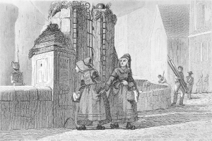Schwarz-Weiß-Gravur Von Zwei Frauen, Die Vor Einem Gebäude Stehen, Mit Einigen Anderen Menschen Im Hintergrund, Betitelt "Victorian Women In The City Of London" Unten.