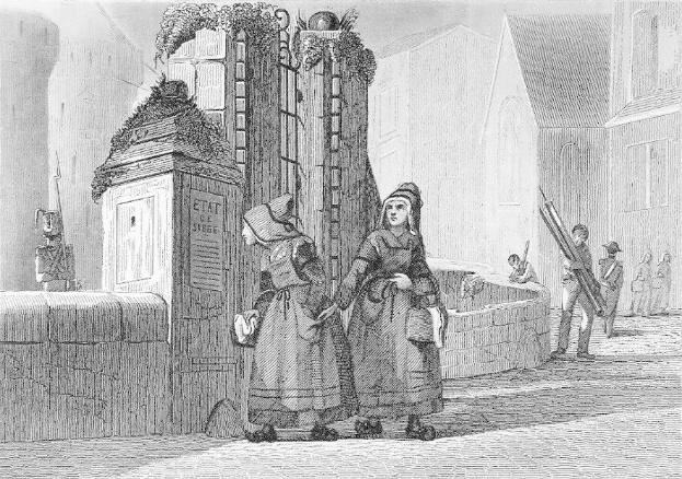 Schwarz-Weiß-Gravur Von Zwei Frauen, Die Vor Einem Gebäude Stehen, Mit Einigen Anderen Menschen Im Hintergrund, Betitelt "Victorian Women In The City Of London" Unten.