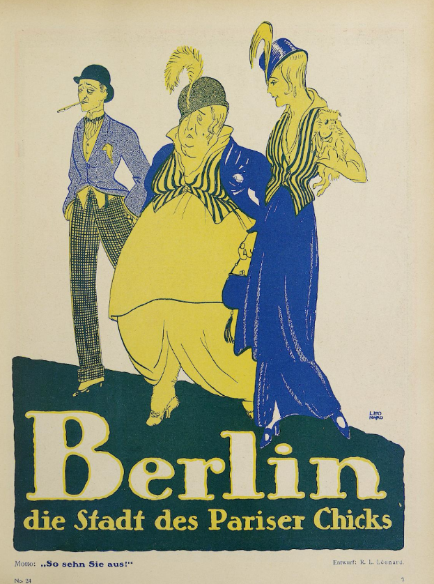 Ein Plakat, das ein Konzert in Berlin, Deutschland, ankündigt, zeigt eine Gruppe farbenfroher Menschen vor einem Gebäude mit der Aufschrift 'Berlin - Die Stadt des Pariser Chicks' oben.