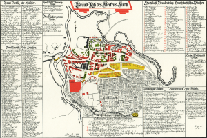 Eine detaillierte alte Karte von Stuttgart, Deutschland, die Straßen, Gebäude, Sehenswürdigkeiten und Text zeigt, der Informationen über die Bevölkerung und bemerkenswerte Merkmale der Stadt enthält.