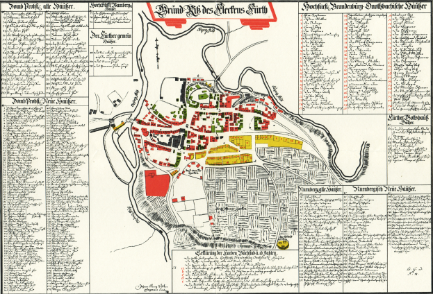 Eine detaillierte alte Karte von Stuttgart, Deutschland, die Straßen, Gebäude, Sehenswürdigkeiten und Text zeigt, der Informationen über die Bevölkerung und bemerkenswerte Merkmale der Stadt enthält.