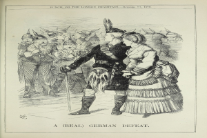 Zwei Personen stehen vor einer Menge, der Mann hält einen Stock in der Hand, auf einem Papier mit deutschem Text und Zahlen, die eine Niederlage anzeigen.