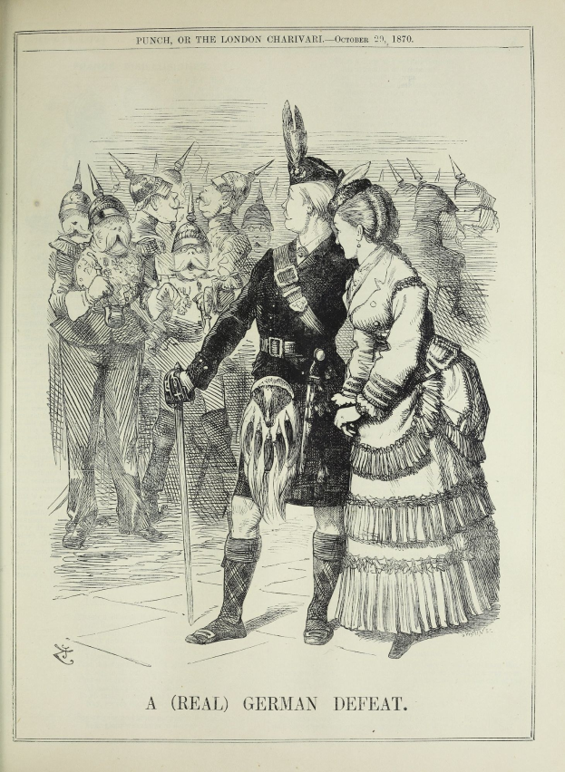 Zwei Personen stehen vor einer Menge, der Mann hält einen Stock in der Hand, auf einem Papier mit deutschem Text und Zahlen, die eine Niederlage anzeigen.