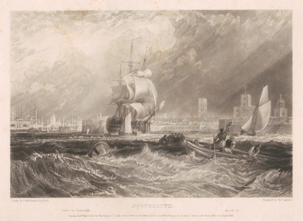 Eine Gravur eines Schiffs auf dem Meer mit Menschen darauf, umgeben von Gebäuden und einem bewölkten Himmel, mit dem Text "Portsmouth, England von Thomas Rowlandson" unten.