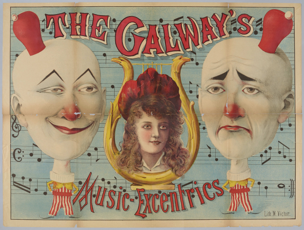 Ein Plakat für die Galway Music Excentrics mit einer Frau in der Mitte und zwei Clowns daneben, beschriftet mit Texten über die Zirkusvorstellung und ihre Künstler.