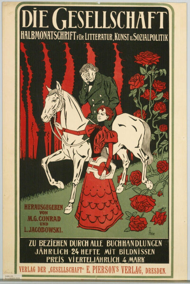 Ein deutsches Propagandaplakat mit einem Mann und einer Frau auf einem Pferd, umgeben von Rosen, mit Textinformationen zu einem Ereignis.