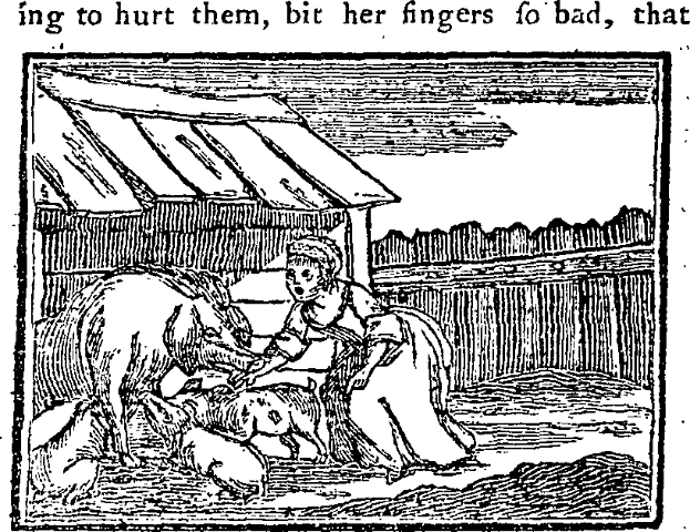 Eine Schwarz-Weiß-Zeichnung einer Frau, die neben einem Hund auf dem Boden sitzt, mit einer Hütte im Hintergrund und Text oben und unten, der lautet: "Ing zu verletzen, biss ihre Finger zu böse, das".