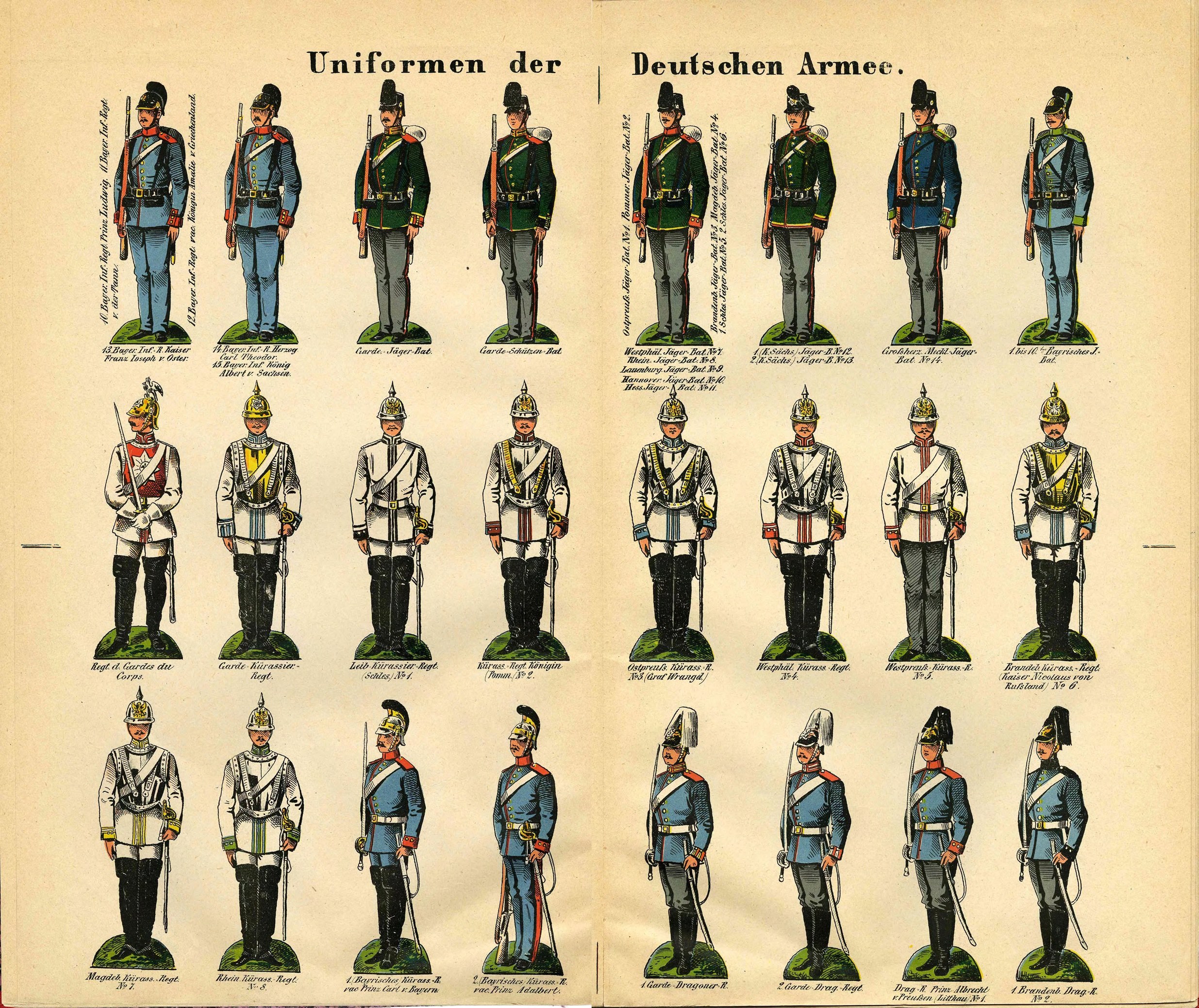 Ein Buch, das bunte Militäruniformen der deutschen Armee mit detaillierten Helmen, Gewehren und anderen Waffen zeigt, begleitet von beschreibendem Text.