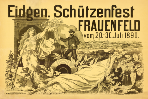 Ein Vintage-Plakat, das das Eidgen Schützenfest in Frauenfeld, Deutschland, bewirbt, zeigt einen Mann in einem Anzug und eine Frau in einem Kleid nebeneinanderstehend, mit Details des Ereignisses darauf geschrieben.