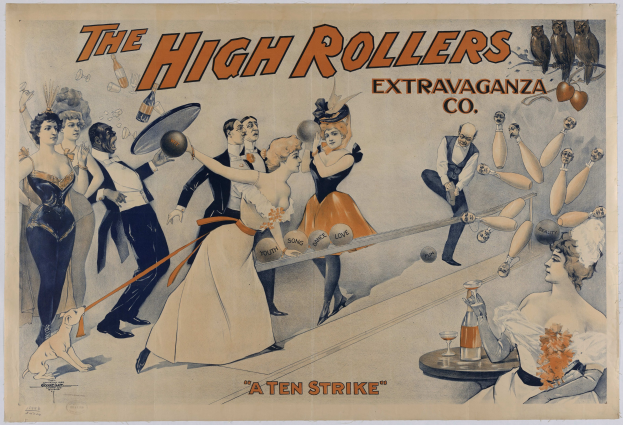 Ein Plakat aus den 1920er Jahren für die High Rollers Extravaganza Co., das Menschen in Vintage-Kleidung beim Bowling zeigt, mit der Aufschrift 'Ein Zehner' oben und einem gedämpften blauen, grünen und gelben Farbschema.