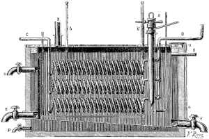 Schwarz-weiß-technische Zeichnung eines zylindrischen Wärmetauschers mit Rohren und Schläuchen, beschriftet mit "Wärmetauscher".
