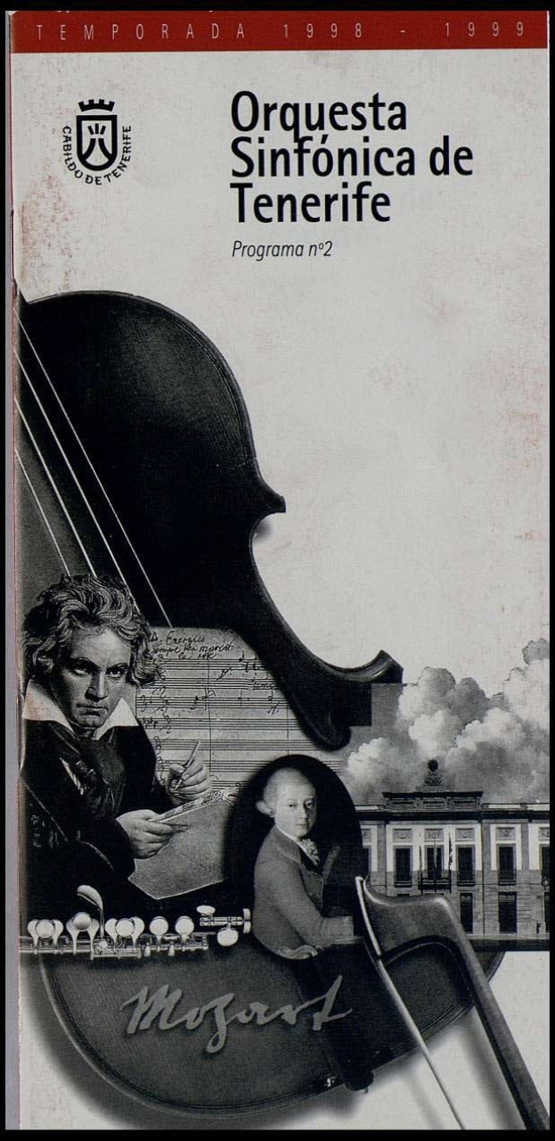 Plakat für das zweite Programm der Sinfonieorchester Teneriffa, das Mozarts Symphonie Nr. 2 in D-Moll, Op. 63, mit zwei Geigerinnen vor einem Gebäude zeigt.