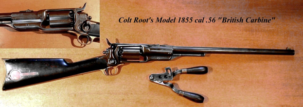 Colt Modell 1855 Kaliber 56 britischer Karabiner mit Holzfläche und eingravierten Text.