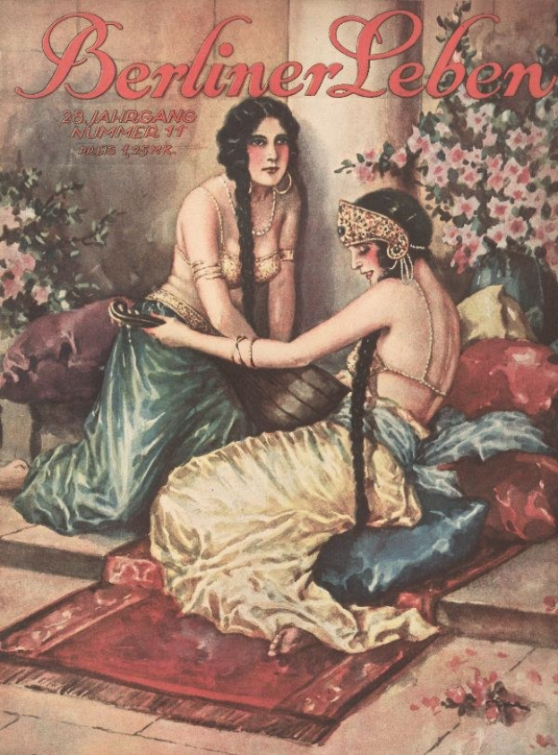 Plakat mit zwei Frauen auf einem Bett mit Kissen und Pflanzen, betitelt mit "Berliner Leben Magazin-Cover aus Oktober 1931".