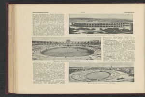 Offenes Buch mit Stadionbild und Text sowie zusätzlichen Bildern.