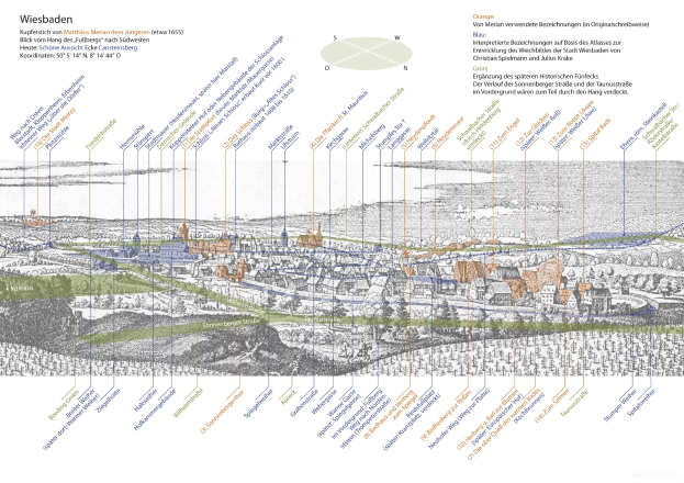 Karte von Wiesbaden, Deutschland, mit historischem Text-Overlay, das umliegende Städte und Gemeinden in verschiedenen Farben anzeigt.