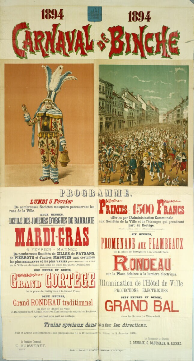 Ein Vintage-Plakat, das einen Karneval in Banche, Frankreich, ankündigt, mit Illustrationen von Menschen, Gebäuden und Text.