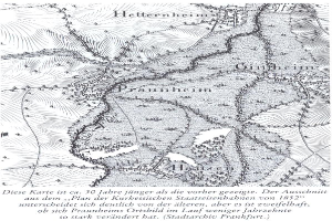 Eine detaillierte schwarz-weiße Karte von Paunheim, Deutschland, die Straßen, Gebäude und andere Merkmale mit Textbeschriftungen zeigt.