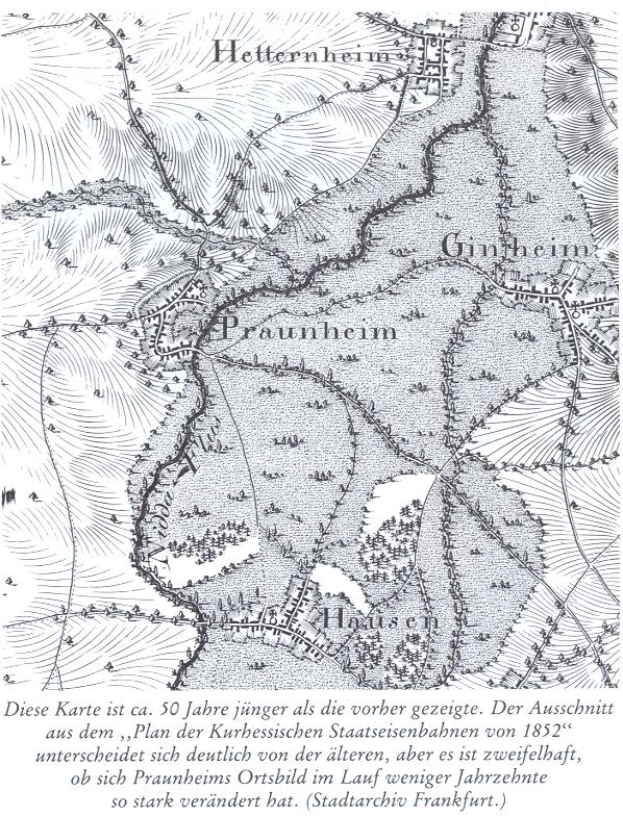 Eine detaillierte schwarz-weiße Karte von Paunheim, Deutschland, die Straßen, Gebäude und andere Merkmale mit Textbeschriftungen zeigt.