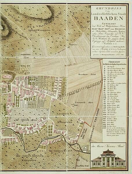 Detailiertes altes Stadtplan von Baden-Württemberg, Deutschland, mit einem Gebäude in der rechten unteren Ecke, das Straßen, Gebäude und Sehenswürdigkeiten mit zusätzlichen Textinformationen zeigt.