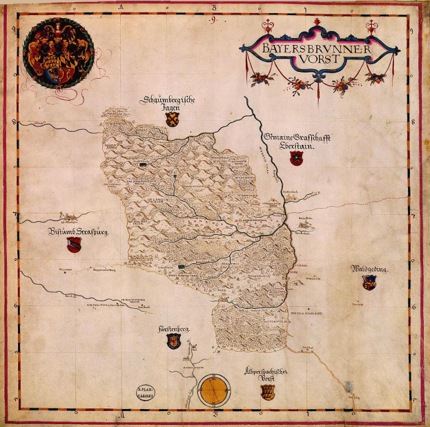 Eine 15. Jahrhundert-Karte von Bayern, die Flüsse, Berge, Städte und begleitenden Text mit Logos zeigt.